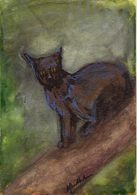 Black Cat (Michael Liebhaber, watercolor & conte, 12 x 17cm, 2013)