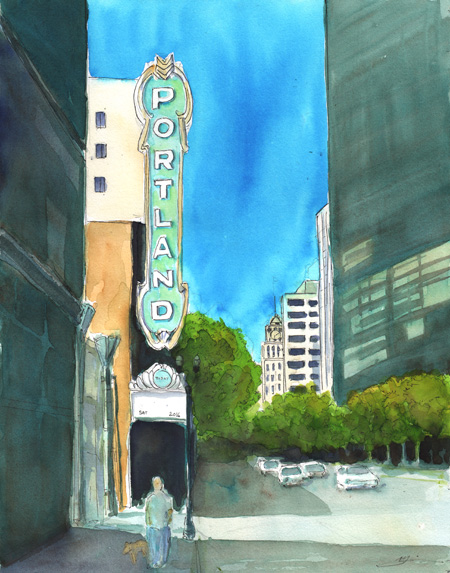 Portland Sign (Michael Liebhaber, Watercolor & Ink, 11 x 14 inches, 2016)