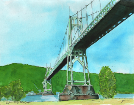 St Johns Bridge, Portland, OR (Michael Liebhaber, Watercolor & Ink, 11x14 in., 2016)